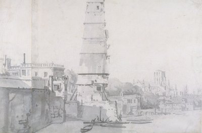 منظر ل Waterhouse و Old St Paul&39;s ، لندن ، c.1663 (اغسل وغرافيت على ورق) بواسطة توماس ويك